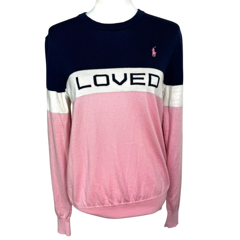POLO RALPH LAUREN Women's Medium Navy White Pink Merino Wool‎ LOVED Pony Sweater